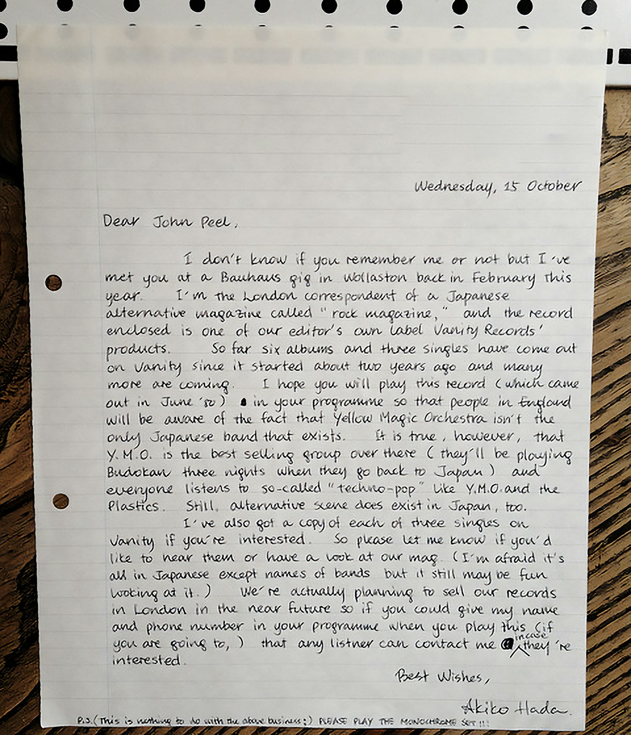 <i>Rock Magazine</i> London correspondent Akiko Hada’s letter to John Peel. Image courtesy of Discogs.